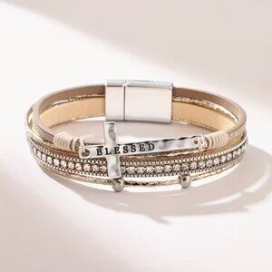 Rhinestone Blessed Cross Bracelet Magnetic Closure Vegan Woman's Gifts Boho NWT